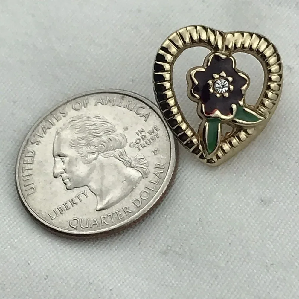 Heart Shaped Gold Tone Floral Enamel Brooch Pin Rhinestone Accent Vintage